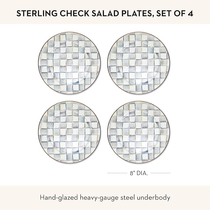 MACKENZIE-CHILDS Enamel Salad and Dessert Plate, Small Plate for a Dessert or Appetizer Dish, 8 Inches, Set of 4, Gray-and-White Sterling Check