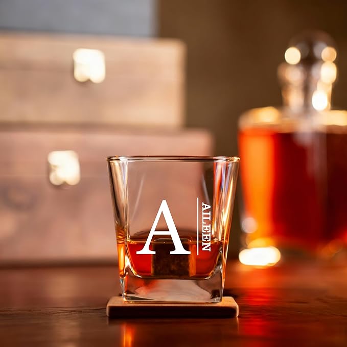Personalized Engraved Whiskey Glass 10.25 oz – Etched Bourbon Glass with Heavy Base, Old Fashioned Cocktail Glass, Groomsmen & Father’s Day Gift (Whiskey Design 3)