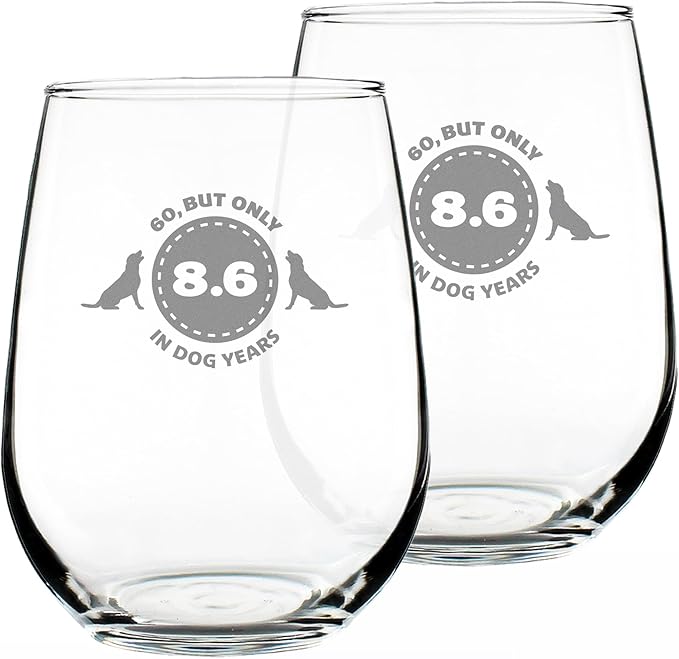 60th Birthday Dog Years - Stemless Wine Glass Gift - Unique Funny Bday Gifts for Women and Men Turning 60 - Set of 2 - Large 17 Ounce