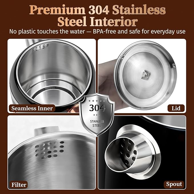 INFOOD Retro Electric Kettle 1.7L/57oz with Thermometer - 1500W Fast Boiling Stainless Steel Hot Water Tea Kettle, BPA-Free, Cordless, Auto Shut-Off, Boil-Dry Protection, Black