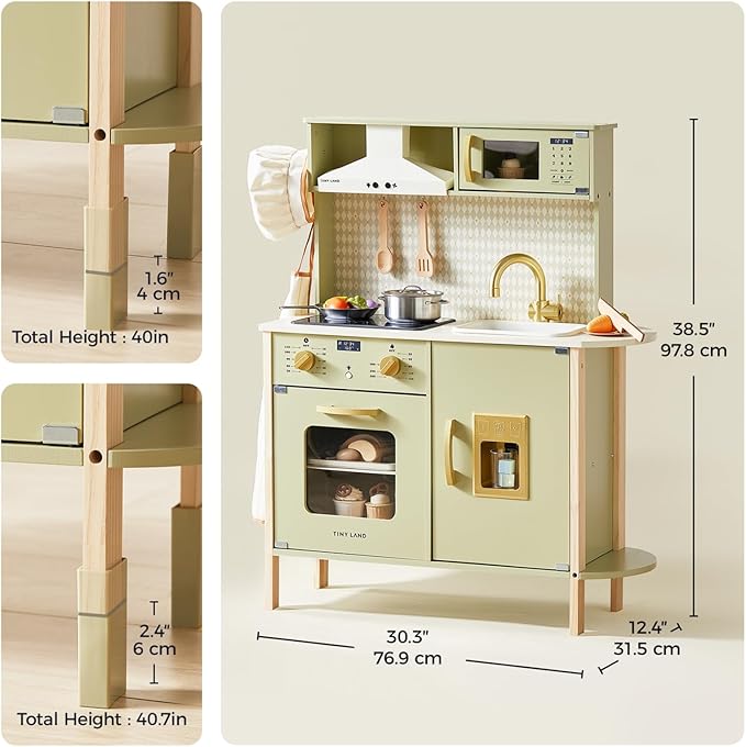 Tiny Land Play Kitchen for Kids, Wooden Farmhouse Kitchen Playset Chef Pretend Play Set for Toddlers w/Real Lights & Sounds, Toys Kitchen with 18 Pcs Toy Food & Cookware Accessories, Sage Green