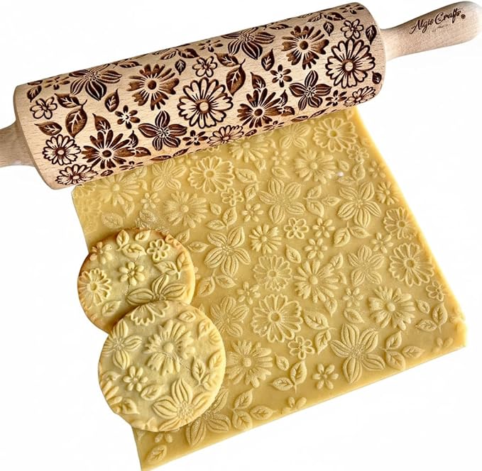 FLOWER MIX Embossing Rolling Pin with Flowers Pattern. Dough and Clay Roller for Embossed Cookies and Pottery. Cookie and Ceramic Stamp. Backing Gifts for Women by Algis Crafts