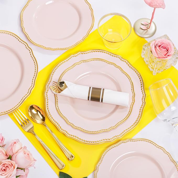 Hioasis 350pcs Pink and gold Plastic Plates - Pink Plastic Dinnerware Set Includes 50 Dinner Plates, 50 Dessert Dinnerware, 50 Cups, 50 Rolled Napkin Cutlery Perfect for Wedding & Valentine's Day