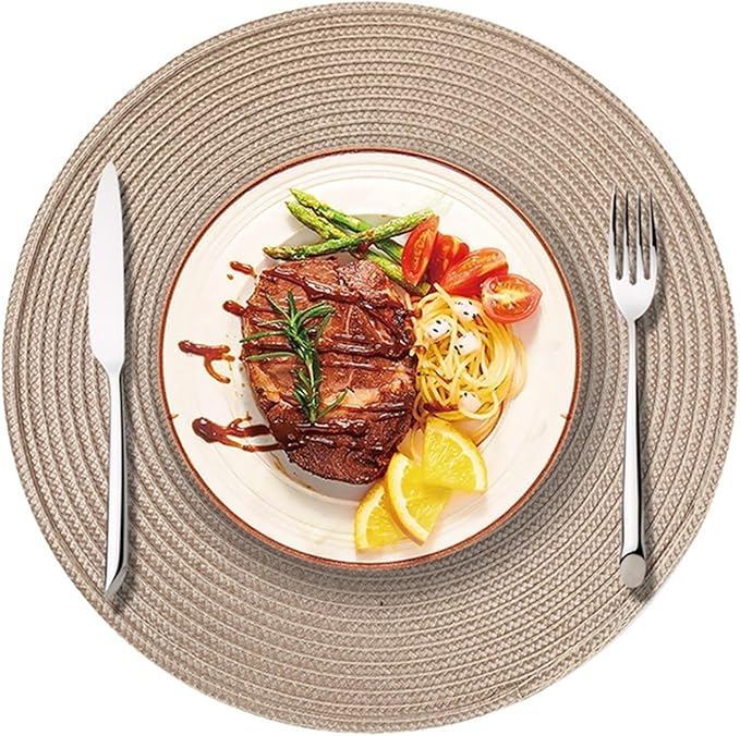Round Table Mat Braided Woven Set of 4 Woven Placemats Heat Non-Slip for Kitchen Indoor and Outdoor 15 Inch(PPR Light Coffee,Round_38CM 4PCS)