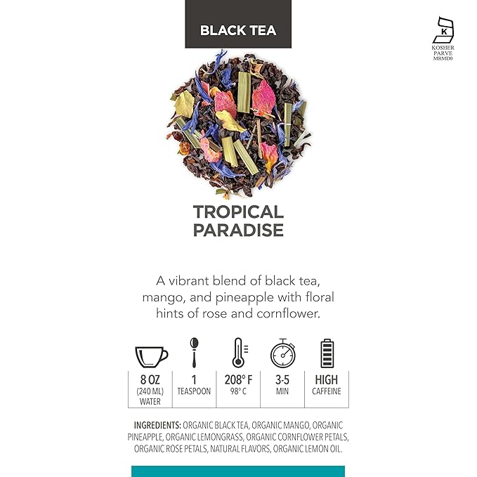 Teabloom Tropical Paradise Loose Leaf Black Tea with Mango & Pineapple | Bold Tropical Flavor | Canister Makes 35–50 Cups | Gift-Ready Reusable Tin