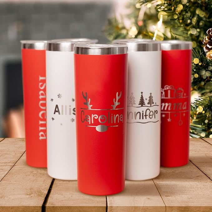 Custom insulated christmas tumbler with lid, personalized 20oz skinny metal powder coated thermo for women men, engraved corporate holiday employee gift thermal cup for coffee & beverages (Christmas)