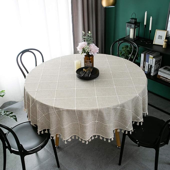 ColorBird Solid Embroidery Lattice Tablecloth Cotton Linen Dust-Proof Table Cover for Kitchen Dinning 70 Inch Round Table Cloth Linen