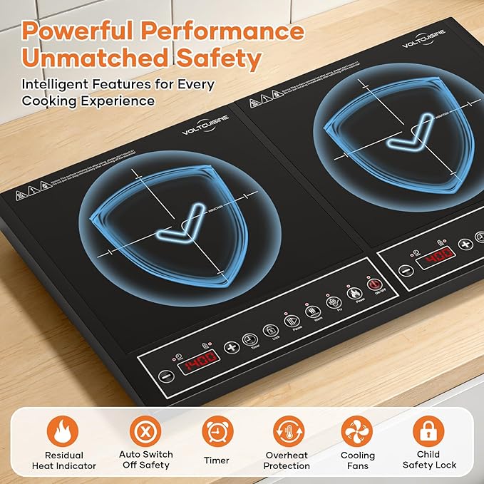 24 Inch Double Induction Cooktop, Button Control, 1800W Power Sharing, Low Power Continuous Heating, Portable Countertop Electric Cooker