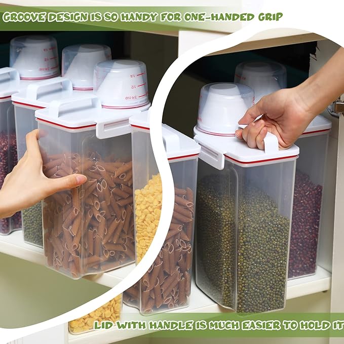 Rice Storage Bin 4 Pcs Cereal Containers Dispenser with Measuring Cup Plastic Storage Containers with Lids Kitchen Storage Bin Rice Holder Container Food Container Sets for Flour Cereal, 2.5 L (Red)