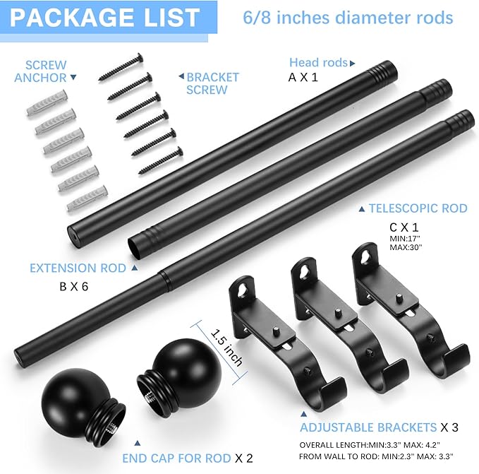 Curtain Rods for Windows 16 to 120 Inches, Curtain Rod Max Adjustable Length of 132 IN, 6/8" Diameter Drapery Rods Round Finials, Black, Pack of 1