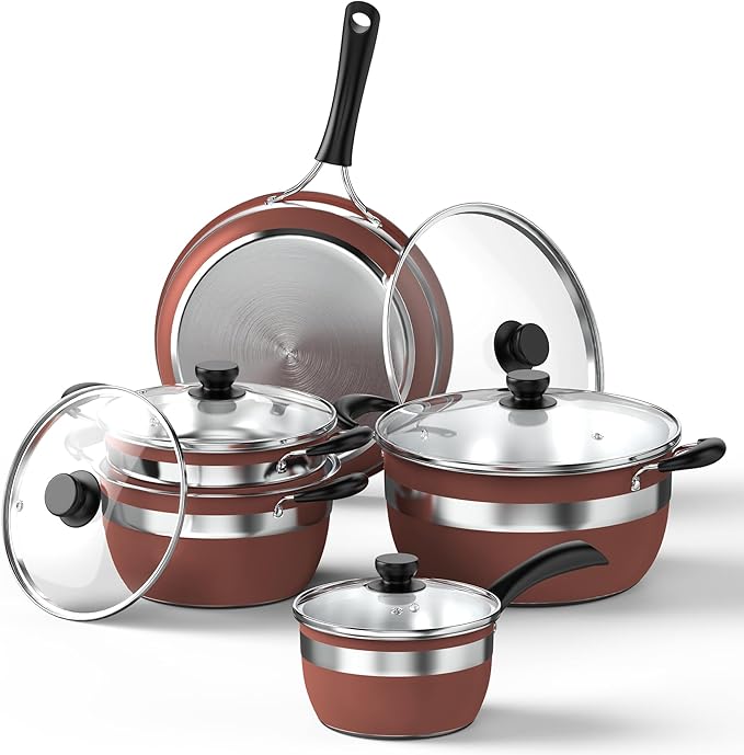 VBGK Pots and Pans Set Stainless Steel Cookware Set 10 Piece,Non Toxic Kitchen Induction Cookware Set,Kitchen Cooking Set with Tempered Glass lid & Stay-Cool Handle,Dishwasher Oven Safe,Stackable