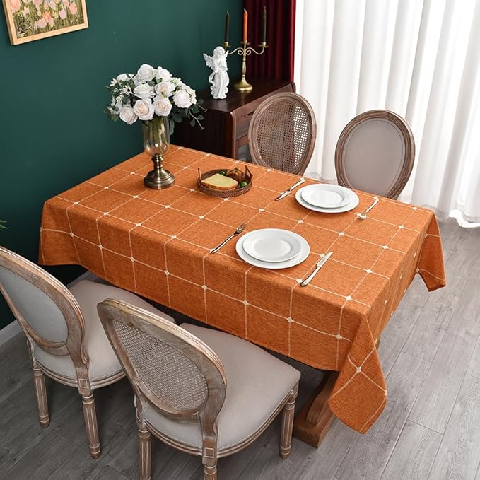 Zobesta Linen Table Cloth Cotton Orange Linen Tablecloth for Rectangle Tables 86 x 53 Inch, Washable Farmhouse Soft Boho Tablecloth for Outdoor, Party, Holiday, Picnic, Dining