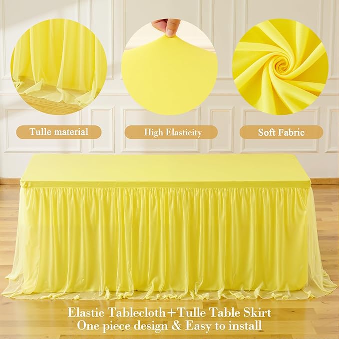 2 Pack Yellow Tulle Tablecloth for 8 Foot Rectangular Tables 8ft Yellow Rectangle Table Cloths Wrinkle Free Table Cover with Tutu Skirt for Birthday Cocktail Banquet Buffet Lemon Fruit Party Decor