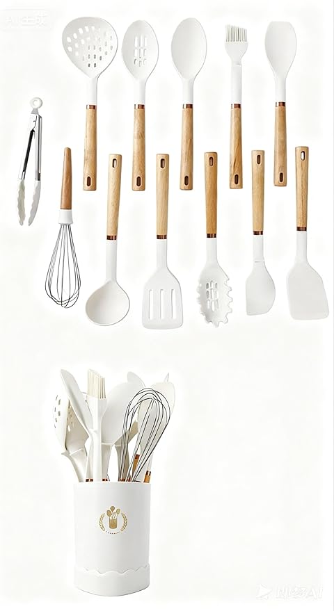 Silicone Cooking Utensils Set, Kitchen Utensils Set 13 Pcs for cooking, BPA Free Spatula Set with Heat Resistant Wood Handles for Nonstick Cookware (White)