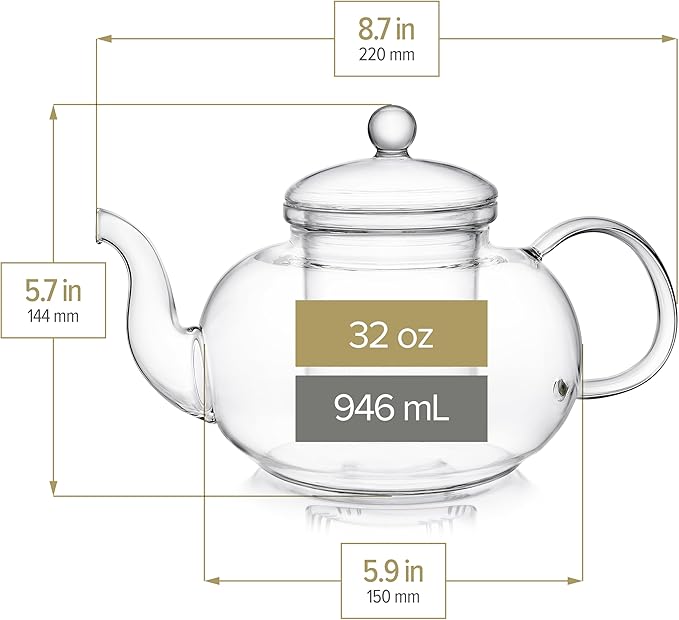 Teabloom Blossoms Glass Teapot – Stovetop and Microwave Safe Borosilicate Glass Teapot with Removable Loose Tea Glass Infuser (32 Oz) - Tea Purist's Choice