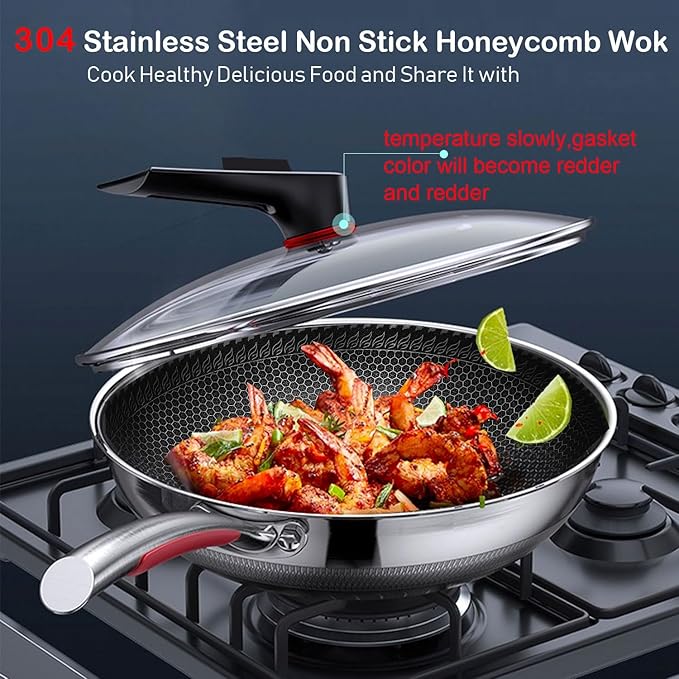 MEGOO 12 inch Stainless Steel nonstick wok with lid | Honeycomb wok & stir-fry pan | induction wok Compatible with All Cooktops | Dishwasher Safe | PFOA/PFA-Free