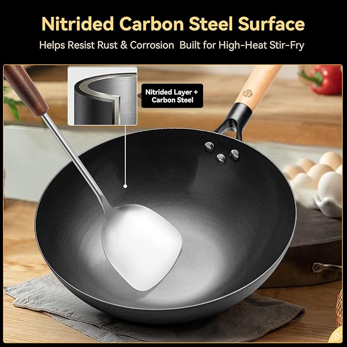 WANGYUANJI Lightweight Carbon Steel Wok with Lid, 12.6" Nitrided Stir Fry Pan - Pre-Seasoned & Rust-Resistant Iron Wok, Flat Bottom for Electric, Induction & Gas Stoves, Easy to Maneuver