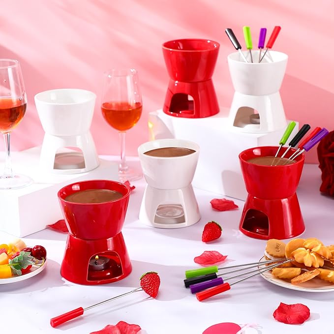 Mudder 6 Pieces Fondue Mug Ceramic Pot and 24 Pieces Forks Set for Melting Chocolate, Cheese, Broth or Tapas on Valentine's Day Gift(Red and White)
