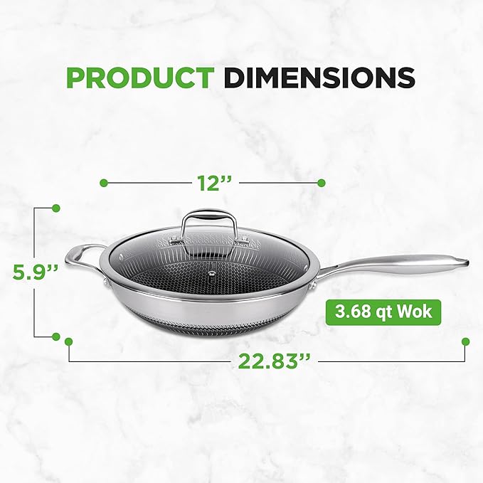 NutriChef 12" Stainless Steel Durable Wok - Triply Kitchenware Wok with Glass Lid, Side Handle - DAKIN Etching Non-Stick Coating, Scratch-resistant Raised-up Honeycomb Fire Textured Pattern
