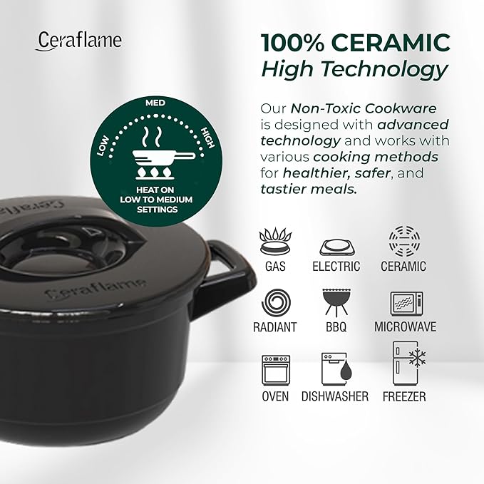 Pure Ceramic, Healthy, Non Toxic Cookware Set - Oven Safe Up to 1200F, Microwave and Dishwasher Safe, Longlasting and Lightweight - PFAS, PTFE, PFOA, PFOS - Black