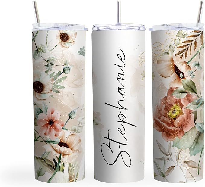 MRC Wood Products 20oz Skinny Tumbler Personalized Floral - Stainless Steel Double Wall Insulated Cup with Lid and Straw (Orange)