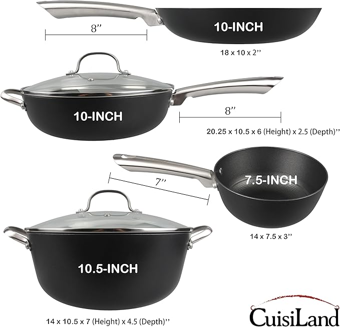 Cuisiland 4-Piece Honeycomb Cast Iron Cookware Set – 2.5QT/7.5'' Milk Pot, 10" Frying Pan, 10" Shallow Braising Pan & 5.5QT/10.5'' Casserole Pot, Non-Stick, Oven Safe, Classic Heat Retention