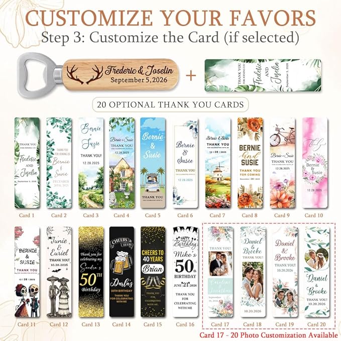Personalized Wedding Favor Gifts for Guest, Wooden Bottle Openers Set with customized Couple's Names & Wedding Date, Set of 6-150 with Optional Thank You Cards
