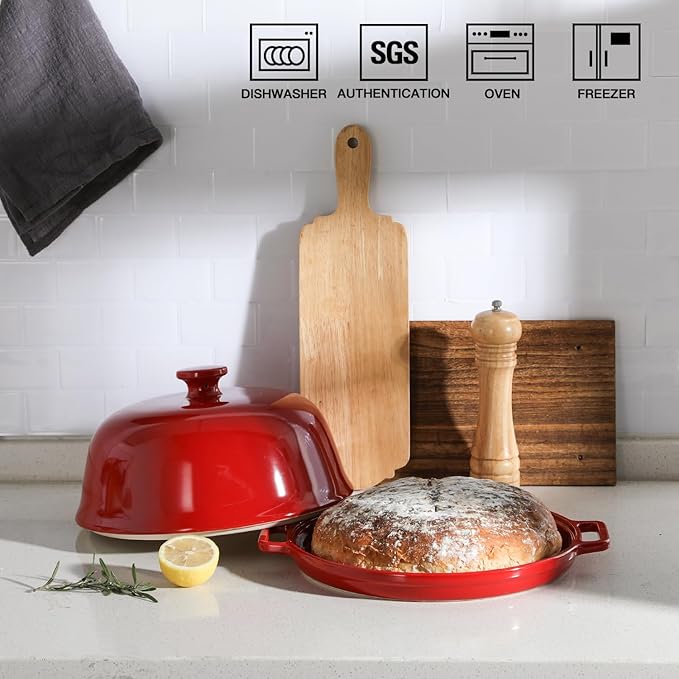 Sweejar Ceramic Bread Oven with Lid, Large Sourdough Bread Baking Pan with Handle, 5QT Porcelain Round Bread Cloche For Baking, Cooking, Roasting (Red)