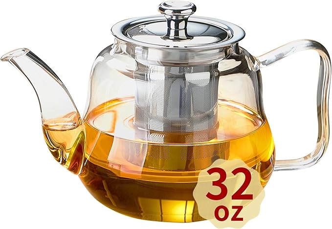 Glass Tea Pot with Infuser and Lid, Heat Resistance Borosilicate Glass Tea Kettle for Gas Stovetop, Suit for Blooming and Loose Leaf Tea, 32 fl oz