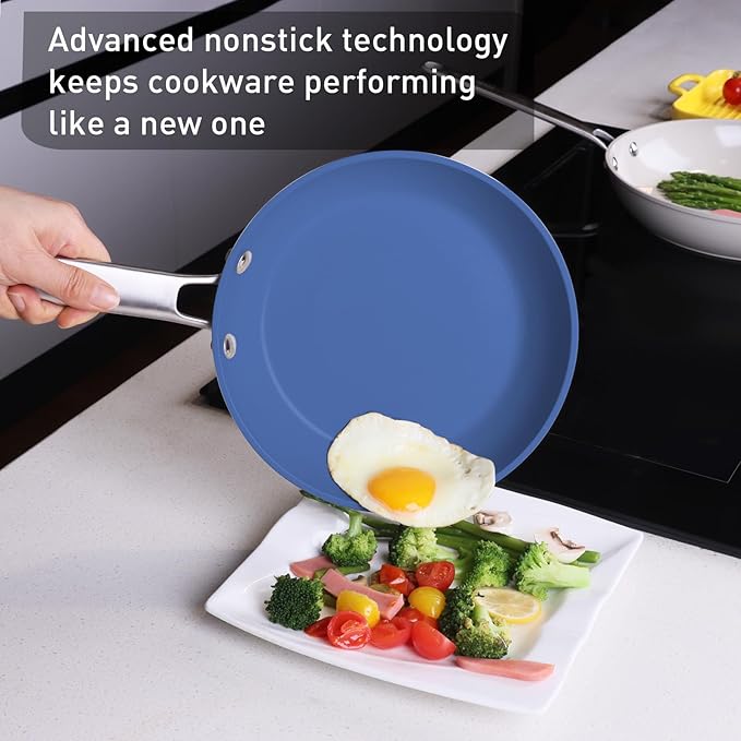 MsMk 5-Piece Ceramic Non Stick Pans Set 8, 10, 12 Inch Frying Pans, 10inch and 12 Inch with Tempered Glass Lids, Stay-Cool Handles, Oven Safe 700℉, Compatible with All Cooktops