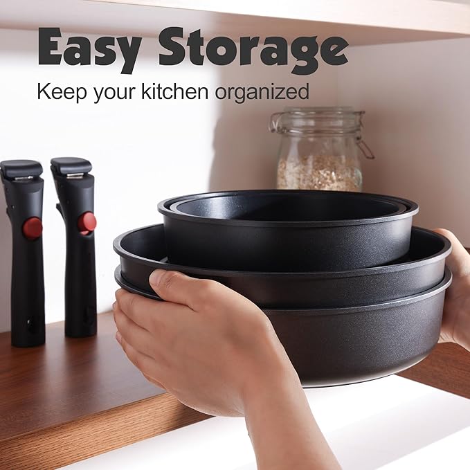SENSARTE 17 Piece Pots and Pans Set, Nonstick Detachable Handle Cookware Set, Induction Thermo-Signal Cookware Set with Removable Handle, Healthy Non Stick for RV, Dishwasher ＆ Oven Safe (Black)