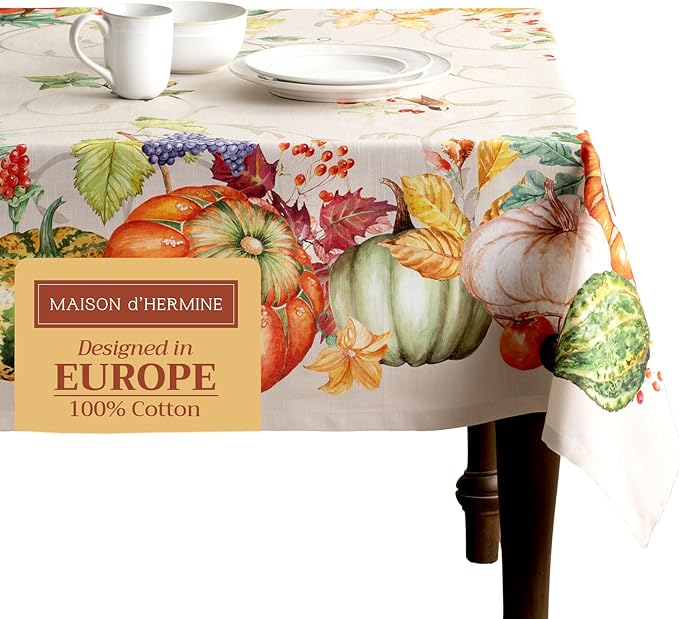 Maison d' Hermine Table Cloth Rectangle Table 100% Cotton 60 x 90 Inches Fall Tablecloth Reusable Everyday Use for Thanksgiving Christmas Decorations Dining Farmhouse Party (Lumina)