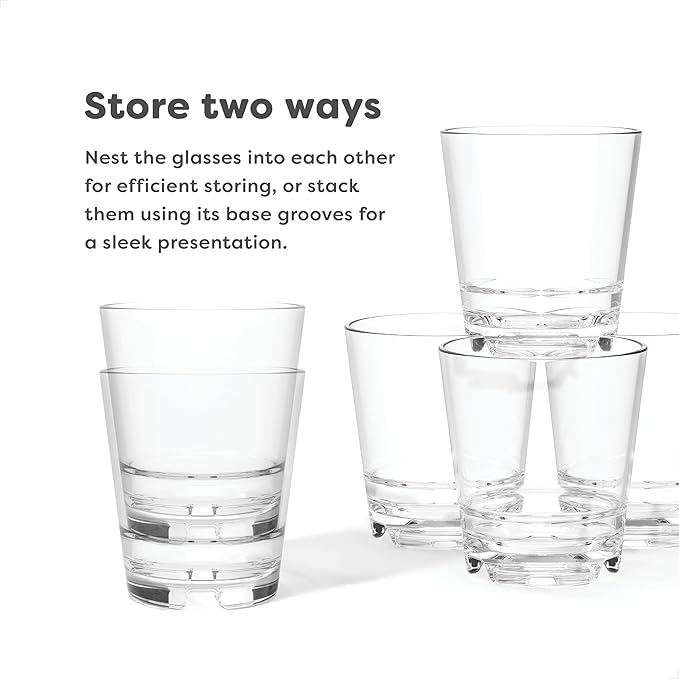 TOSSWARE RESERVE 12oz Stacking Double Old Fashioned, SET OF 4, Premium Quality, Dishwasher Safe & Heat Resistant Unbreakable Plastic Old Fashioned Glasses, Clear