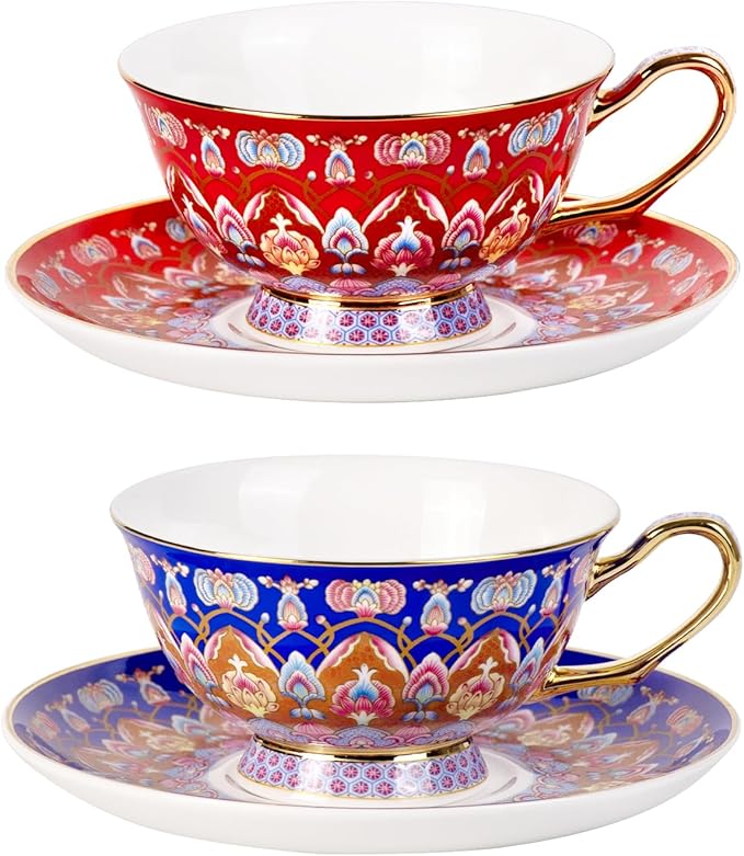 KAMMAK Tea Cups and Saucers Set of 2, Porcelain Coffee Cups with Saucer for Espresso, Cappuccino, 8oz Vintage Red and Blue Ceramic Novelty Mug for Home, Tea Party, Office