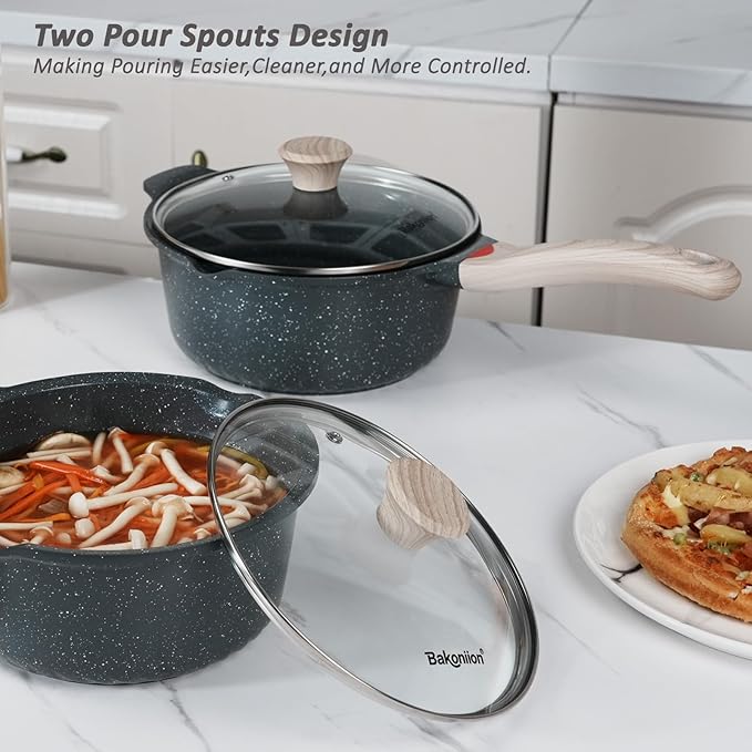 Ceramic Nonstick Saucepan Set 3QT and 4QT, Cast Aluminum Cooking Pots with Side Pour Spouts,Compatible with All Cooktops,Dishwasher Safe
