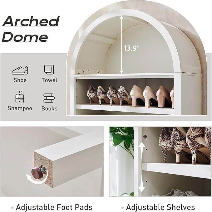 71" Tall Arched Bookshelf, 7 Tiers Arch Bookcase with Storage, Modern Farmhouse Book Shelf with Adjustable Shelves, Wood Bookshelf w/Open Display Shelves for Living Room, Office (Antique White)