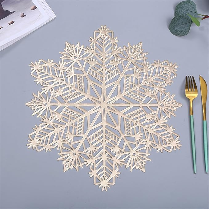 1 Pcs European Table Placemat Coaster Hollow Snowflake Shape PVC Coffee Table Mat Heat Home Decor(B Golden,38cm Placemat)
