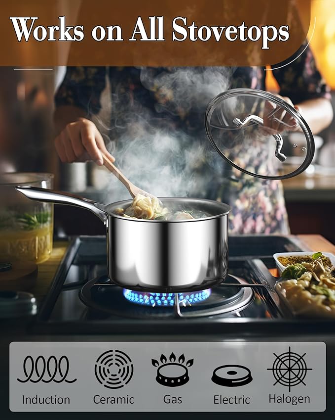 Cook N Home Stainless Steel Saucepan 3 Quart, Tri-Ply Full Clad Sauce Pan with Glass Lid, Silver