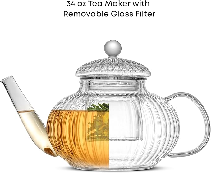 JoyJolt Fluted Glass Teapot Set 34oz, Stovetop Safe Tea Kettle, Borosilicate Clear Kettle with Removable Glass Infuser, Blooming and Loose Leaf Tea Maker and Brewer