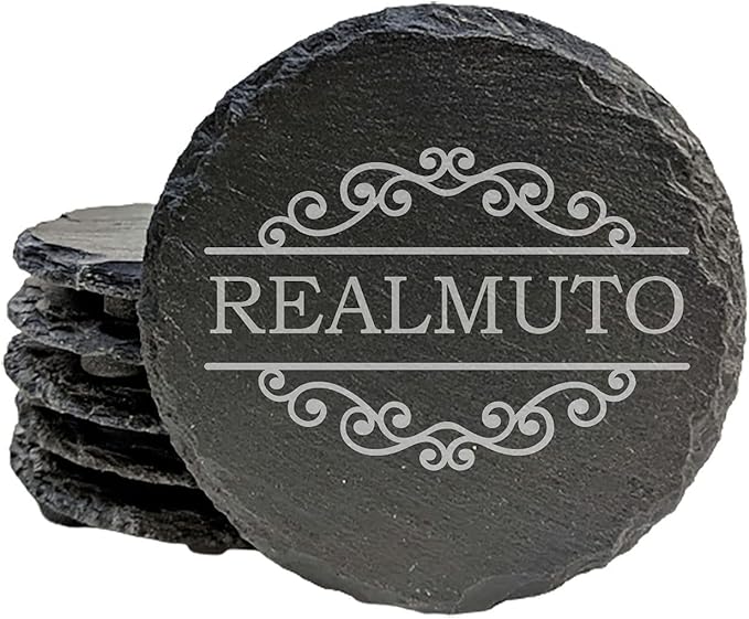Personalized Monogram Family Coasters, Natural Stone Set, Birthday, Wedding, Customized, Rustic - Round Slate - Set of 4