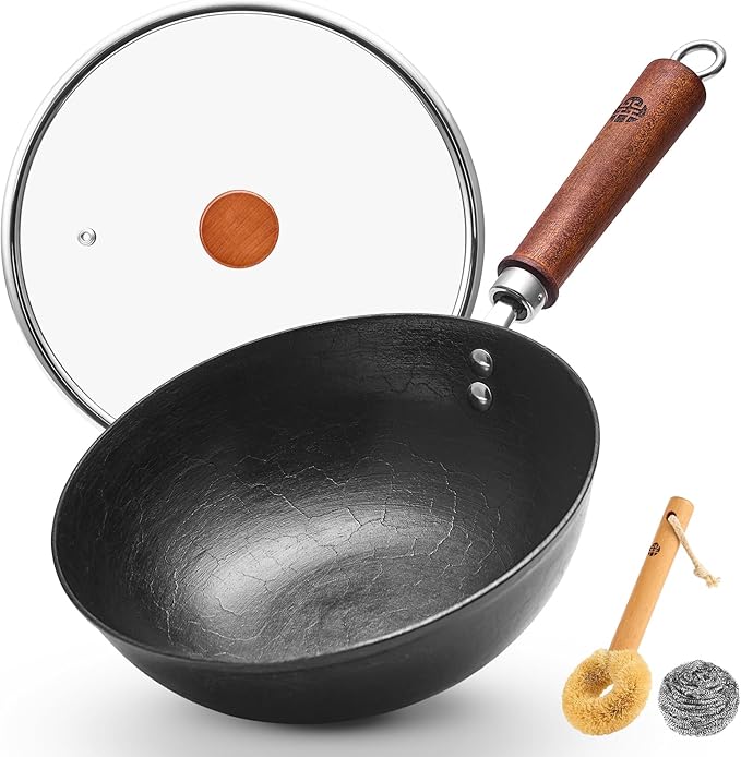 WANGYUANJI 9.5 Inch Cast Iron Wok with Glass Lid – Small Flat Bottom Stir Fry Pan with Wooden Handle, Non-Coated Cookware for Gas & Open Flame