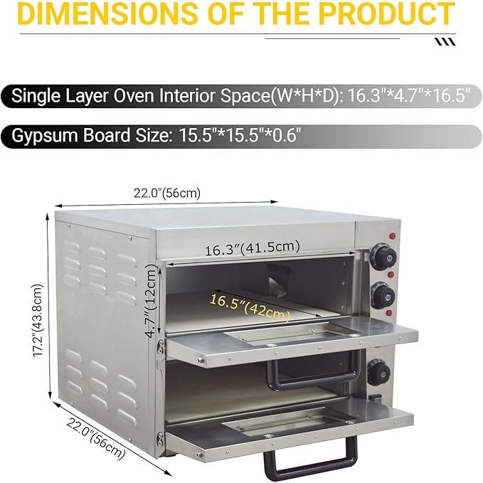 16 inches Commercial Double-Deck Oven 3KW Electric Stainless Steel Pizza Baking Oven 50℃-350℃(122℉-572℉) Independent Temperature Control 220V