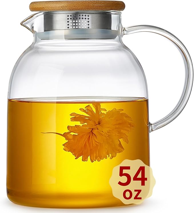 Unbreakable Glass Teapot, Stovetop Safe, Thickened Heat Resistant Borosilicate Glass, 54 fl oz Large Glass Tea Pot with Infuser and Lid