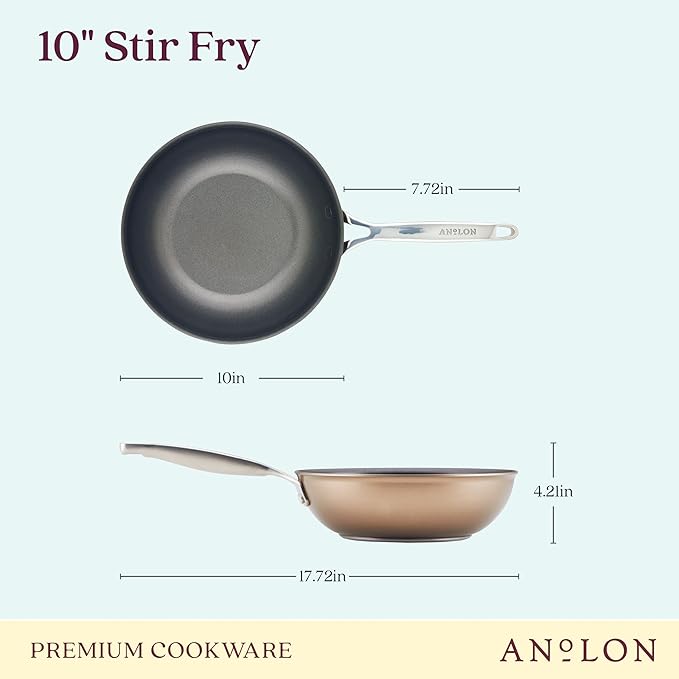 Anolon Ascend Hard Anodized Nonstick Stir Fry Pan/Wok - Good for All Stovetops (Gas, Glass Top, Electric & Induction), Dishwasher & Oven Safe with Stainless Steel Handle, 10 Inch - Bronze
