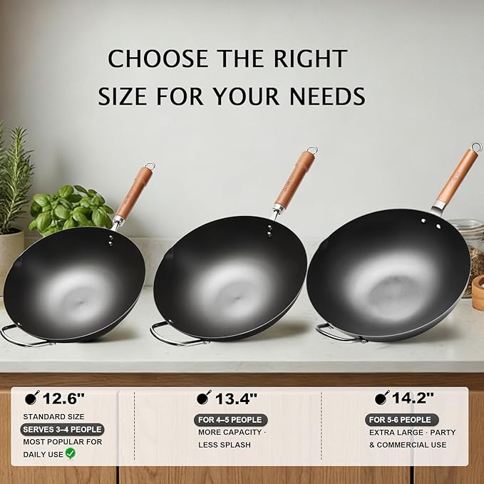WANGYUANJI Iron Wok,12.59 inch Woks for Stir-fry, Chinese Stir Fry Pan Uncoated, Traditional Flat Bottom Iron Pot for Induction, Electric, Gas, Suitable for All Stoves(Pure Iron Wok)