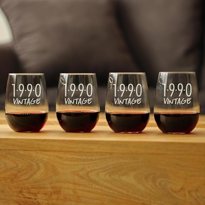 Bevvee Vintage 1990 Stemless Wine Glass - 36th Birthday Gifts for Women & Men Turning 36 - Bday Party Decor - Set of 4 - Large 17 oz