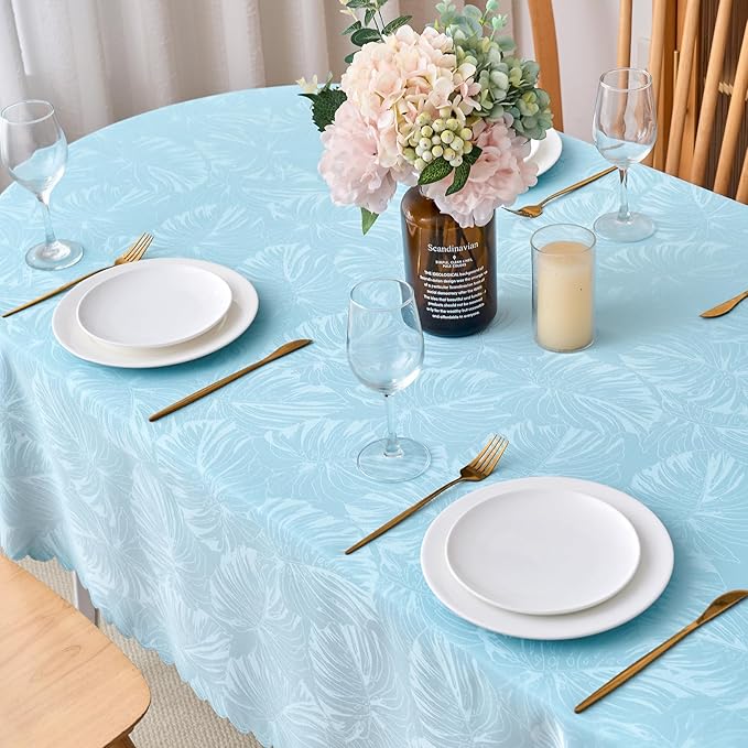 Oval Tablecloth 60x84 Inch Blue Table Cloth Leaves Pattern Scalloped Edge Silky Soft Fabric Waterproof Wrinkle Free Washable Table Cover for Kitchen Dinning Party Decoration