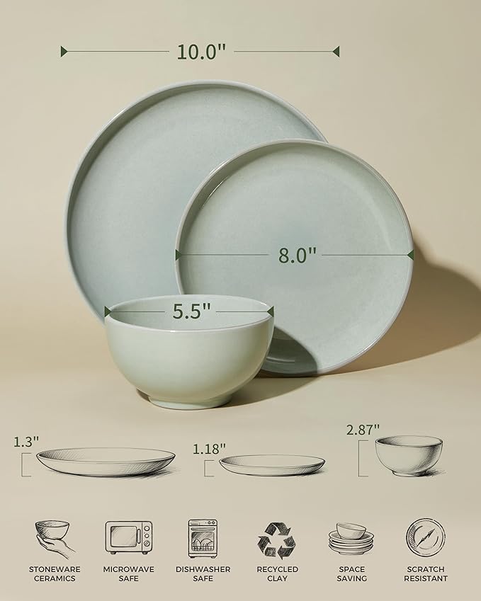 Santorini Mist Terracotta Reactive Glaze Plates and Bowls Sets, Stoneware Dinnerware Sets, Microwave and Dishwasher Safe Ceramic Dish Set Service for 4, Slate Green