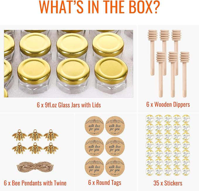 AuroTrends 9oz Honey Jars with Dipper 6Pack, 270ML Small Glass Jars with Lids -Small Canning Jars with Wooden Dippers/Bee Charms/Stickers/Jute Twine (9fl.oz-6Pack)