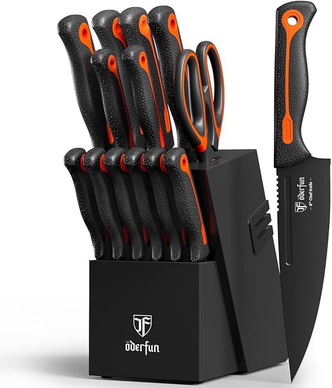 Knife Block Set -15 PCS Dishwasher Safe Kitchen Knife Set, High Carbon Stainless Steel, Razor-Sharp knives set with sharpener, Non-Slip Handles, Elegant Box for Christmas,Black